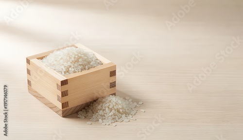 Japanese rice grains in wooden masu box on neutral background, premium short grain staple food ingredient with natural texture and minimalist style
