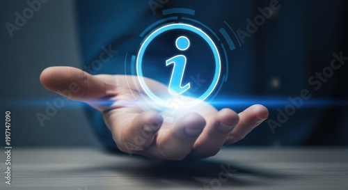 Male hand holding a digital info icon to read more about a topic.