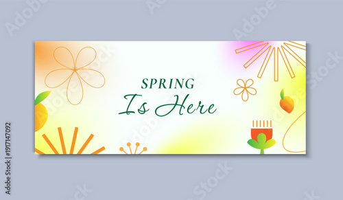 Spring Banner. Floral banner design with Typography, juicy color background. Simple whimsical style. Banner, Horizontal poster, Greeting Card