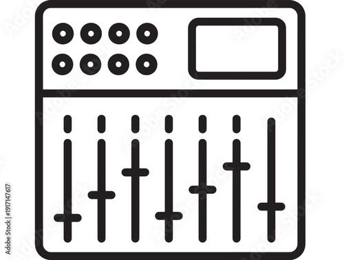 Audio mixer console icon with faders, knobs and display panel, minimal black outline vector illustration for sound engineering, music production, studio mixing UI