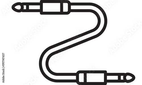 Audio patch cable icon showing 1/4 inch TRS jack connectors and curved cord in black outline, simple vector illustration isolated on white background featuring plug, connector, studio with sound and