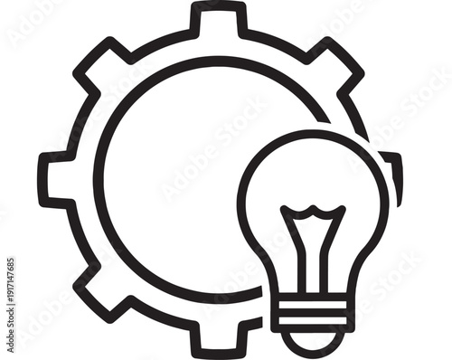 Gear and light bulb icon illustrating creative problem solving, innovation and settings concept for app interface, UI design, engineering workflow, automation and productivity