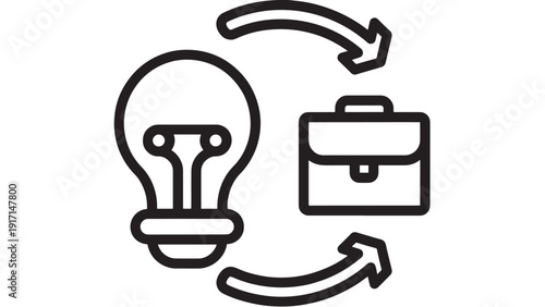 Light bulb and briefcase icon with circular arrows showing idea exchange, innovation cycle, business process workflow, collaboration, and knowledge transfer concept