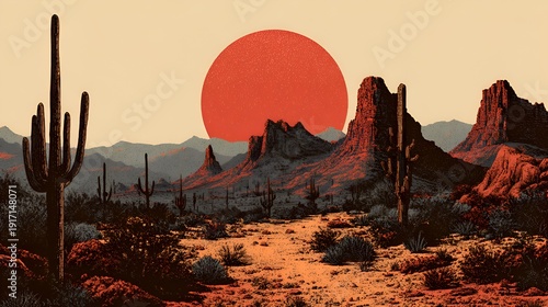 A vibrant reddish sun rises over the Arizona desert landscape with towe cacti and distant mountains in a stylized artistic depiction.