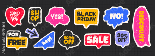 Colorful crayon doodle speech bubble stickers with sale phrases like Shop Now, Black Friday, 50% Off and Discount. Grunge comic style labels for promotions, ads and social media.