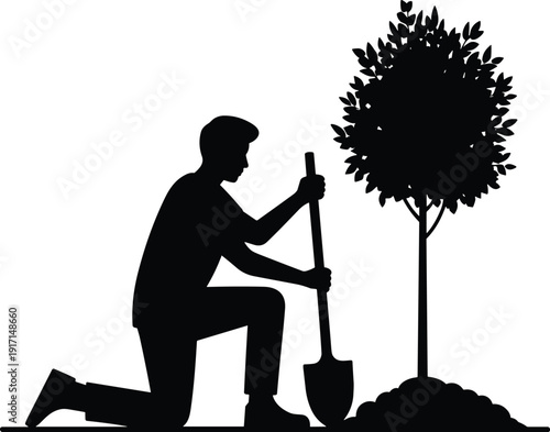 Man planting tree silhouette vector illustration, gardener kneeling with shovel, environmental conservation concept, reforestation awareness, sustainable lifestyle, nature protection design