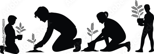Mother and children planting tree silhouette vector illustration, family gardening activity concept, environmental conservation, reforestation awareness, sustainable living, nature protection design