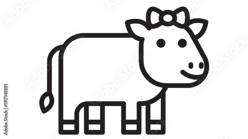 Cow line icon with bow, cute farm animal outline illustration isolated on white background, minimal black stroke symbol for kids, dairy, agriculture, and mascot design