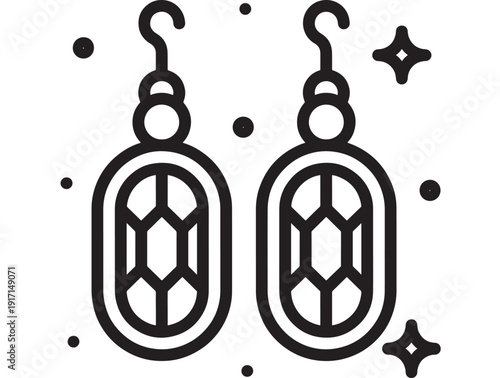 Earrings icon in bold outline style showing dangling gemstone jewelry pair with sparkle accents, minimalist black and white vector illustration for app UI