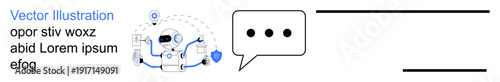 Online privacy, digital messaging, cybersecurity, secure communication, data protection, chat encryption. Speech bubble alongside shield, network and icons. Online privacy and digital messaging