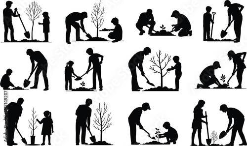 Parent and child tree planting silhouettes set, family gardening activity vector illustration, environmental conservation, reforestation, eco friendly community outdoor work collection