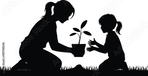 Mother and daughter planting young tree silhouette vector, family gardening bonding moment, eco friendly lifestyle and environmental sustainability concept illustration
