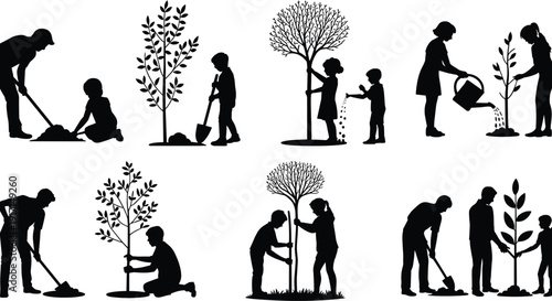 Parents and children planting trees silhouette vector illustration set, family gardening activity, environmental conservation concept, reforestation awareness, sustainable living, nature protection