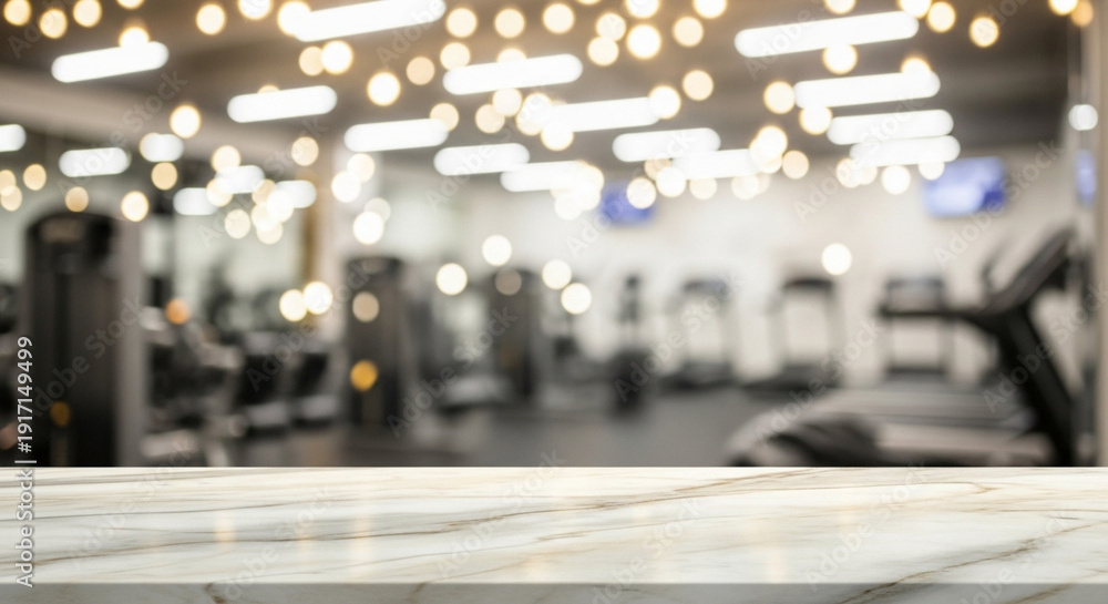 Obraz premium Empty marble table top in blurred modern gym background