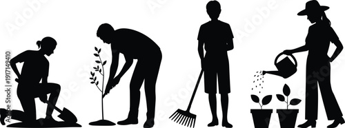 People gardening silhouette vector illustration, men and women planting tree, watering plants, raking leaves, eco friendly lifestyle, environmental conservation concept