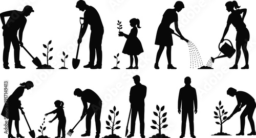 People planting and watering trees silhouette vector collection, family gardening activity, environmental conservation concept, reforestation awareness, sustainable living, nature protection design