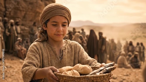 Young Boy Offers Woven Basket of Bread and Fish in Ancient Biblical Desert