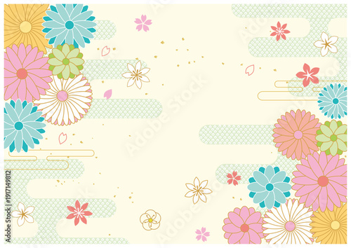 花の和柄と和紙背景