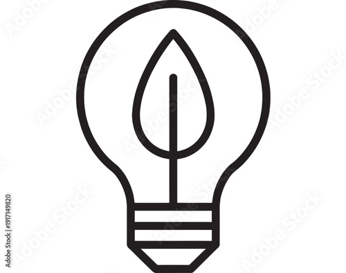 Light bulb icon with leaf filament in outline style, eco friendly energy concept symbol for green innovation, sustainability, renewable power, and clean design
