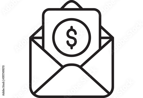 Envelope with dollar symbol icon showing payment notification, billing or invoice email message, salary or refund alert, fintech transaction concept in line style