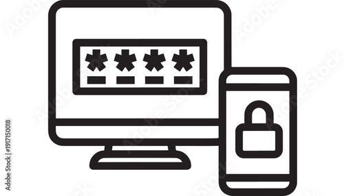 Password security icon showing computer login with masked characters and smartphone padlock, representing cybersecurity, authentication, privacy, encryption and access control