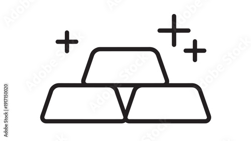 Gold bars icon with sparkle symbols, simple black outline illustration isolated on white background, representing wealth, bullion investment, banking, and finance