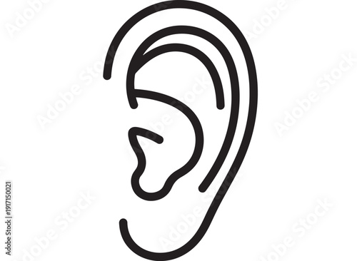 Ear icon line art illustration in black outline on white background, simple hearing symbol for audio, listening, sound wave, ENT clinic, and accessibility design