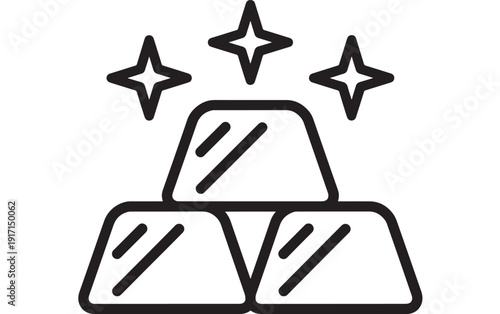 Gold bars icon with sparkling stars, minimal black outline illustration of precious metal bullion stack for finance, investment, banking, wealth and mining concepts