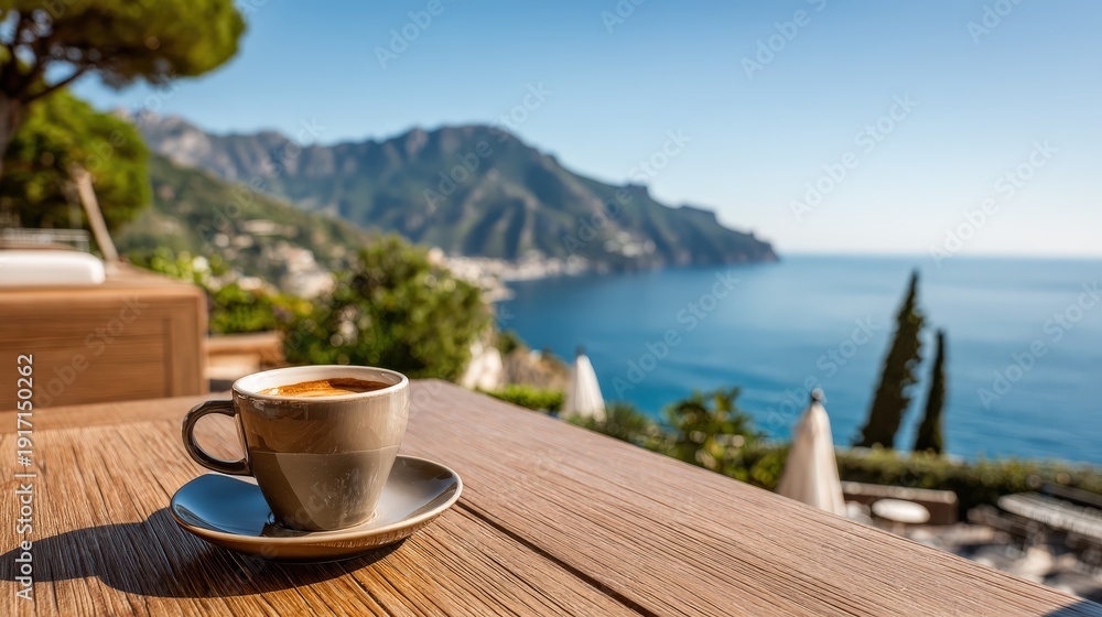 Fototapeta premium Freshly brewed espresso sits on a wooden table overlooking a stunning coastal mountain panorama.