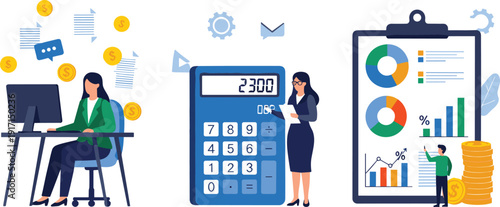 Business Accounting and Financial Analysis Illustration with Professional Characters Calculating Data Working 