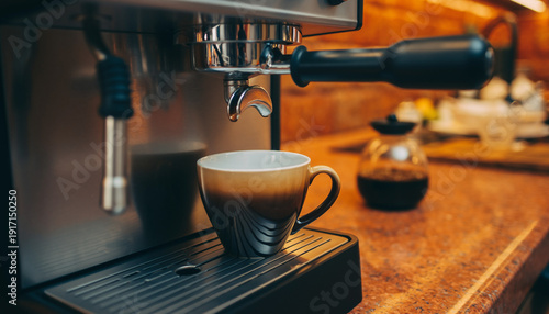 Espresso machine pouring fresh coffee into a ceramic cup on a wooden kitchen counter. Professional brewing equipment in a modern home cafe setting with warm lighting.