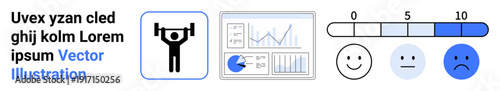 Weightlifting figure, chart analytics, bar graph, satisfaction meter with numbers 0-10, and faces. Ideal for fitness progress, business analysis, satisfaction survey, data visualization performance