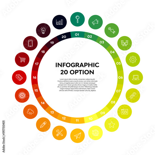 Circle vector infographic, 20 options for business presentations or communications. 20-step infographic. Vector editable.
