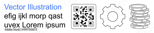 Technology, fintech, automation, digital tools, industry, communication. QR code, gear stacked coins and placeholder text. Technology and fintech digital tools and innovation