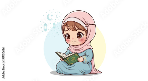 Cute Muslim Girl Reading Quran, Islamic Education, Children's Faith, Ramadan, Eid
