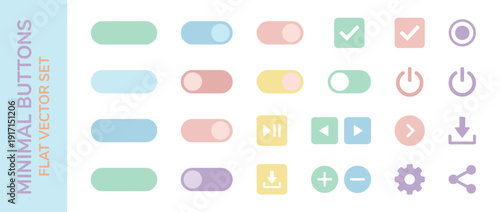 Minimalist Vector Icon Set of 24 Flat Design Buttons and Toggles in Soft Pastel Colors; UI UX Web Interface Components including Switches, Checkboxes, Navigation, Settings, Power, and Download Icons.