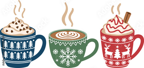 Christmas holiday mugs with hot chocolate, latte art and whipped cream festive vector illustration isolated on white background