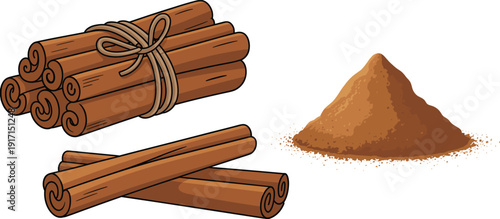 Cinnamon sticks bundle and ground cinnamon powder heap vector illustration isolated on white background, aromatic cooking spice ingredient