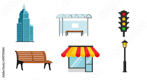 City street scene icons with bench, building, kiosk, store, and traffic light