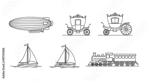 Vintage transportation icons including airship, carriages, sailboats, and train
