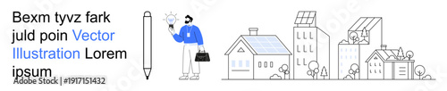 Renewable energy, eco-friendly technology, sustainability, urban development, green cities, clean energy. Businessman holding a lightbulb near solar-powered buildings. Renewable energy