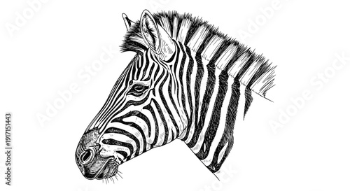 Black and white illustration of a zebra head with detailed stripes and mane