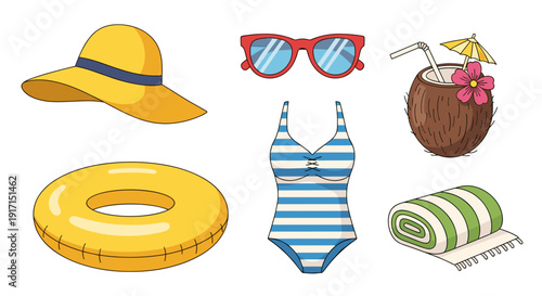 Summer vacation accessories including hat, sunglasses, swimsuit, inflatable raft, towel, and cocktail