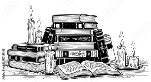 A stack of books with candles on either side