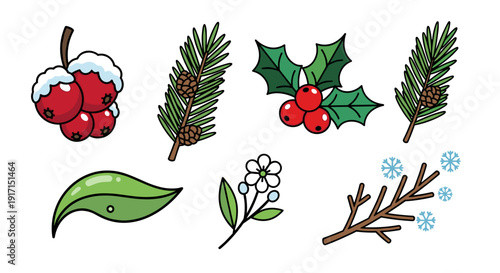 Winter holiday elements with snow covered berries and leaves