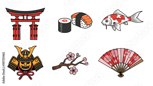 Collection of japanese icons including torii gate sushi koi fish samurai helmet cherry blossoms and fan