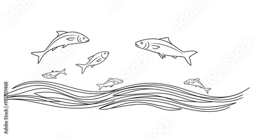 Black and white illustration of a school of fish swimming in wavy lines