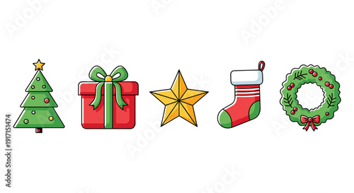 A set of christmas icons including tree, gift, star, stocking, and wreath