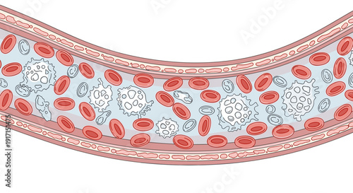 Illustration of red and white blood cells flowing through a blood vessel