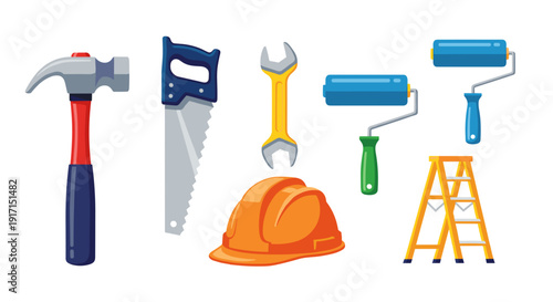 Collection of various construction tools and equipment